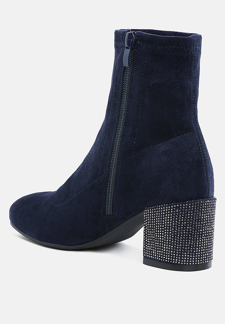women embellished rhinestones block heel boots#color_navy