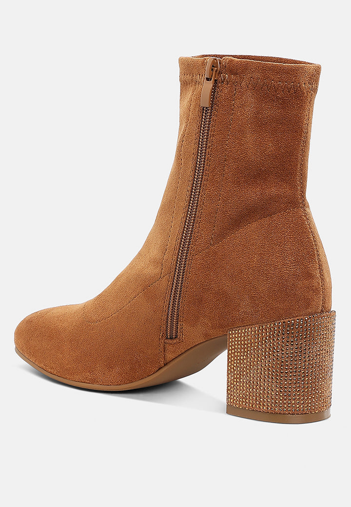 women embellished rhinestones block heel boots#color_tan