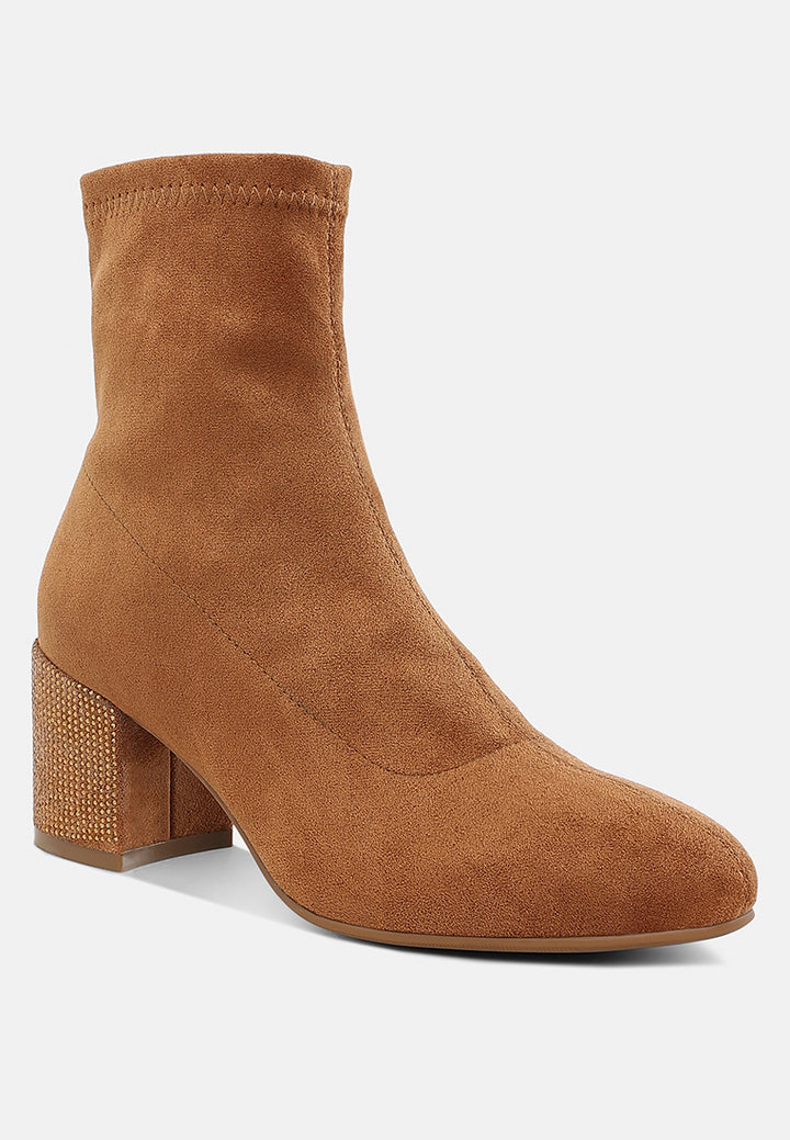 women embellished rhinestones block heel boots#color_tan