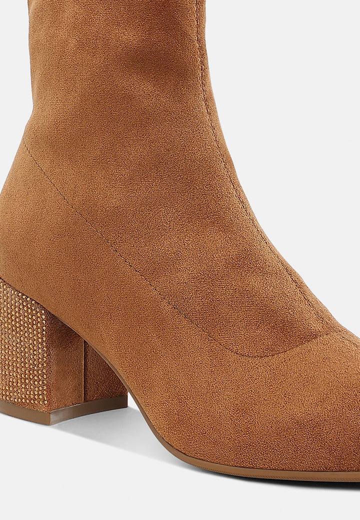 women embellished rhinestones block heel boots#color_tan