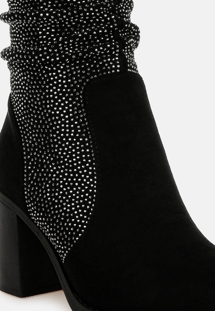 women rhinestone studded slouchy ankle boots#color_black
