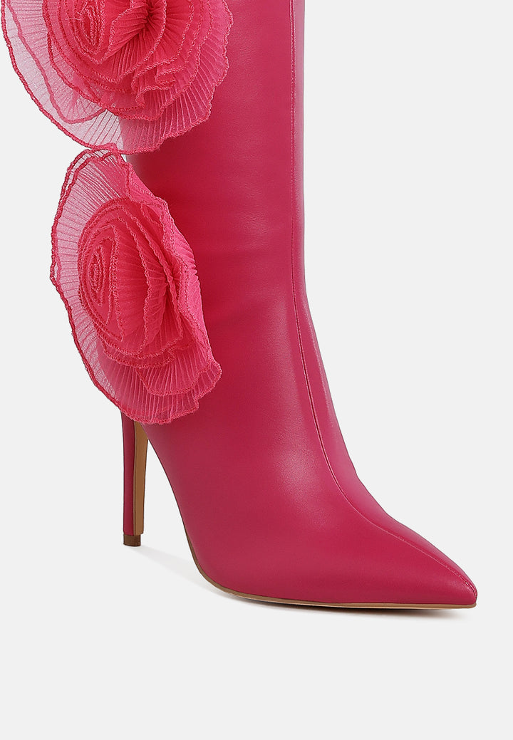 women sheer big rose detail long boots#color_fuchsia