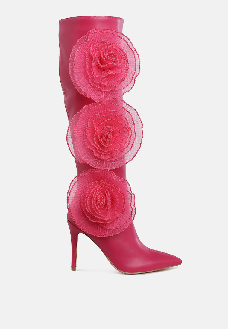 women sheer big rose detail long boots#color_fuchsia
