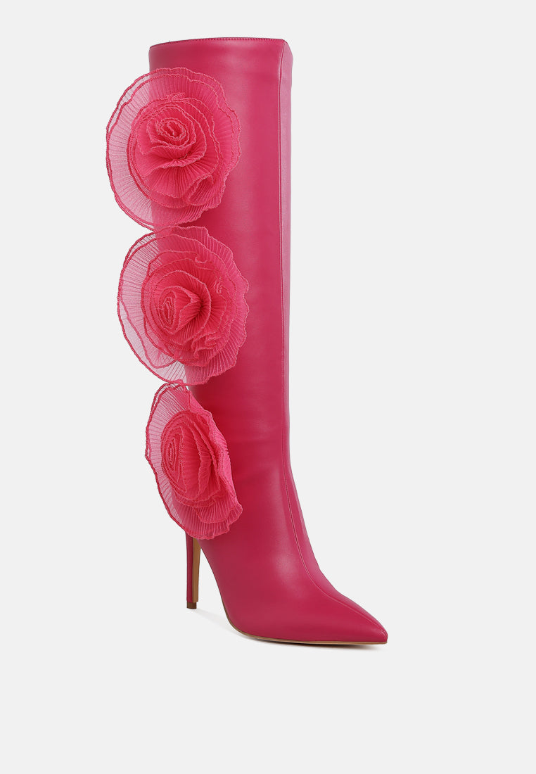 women sheer big rose detail long boots#color_fuchsia