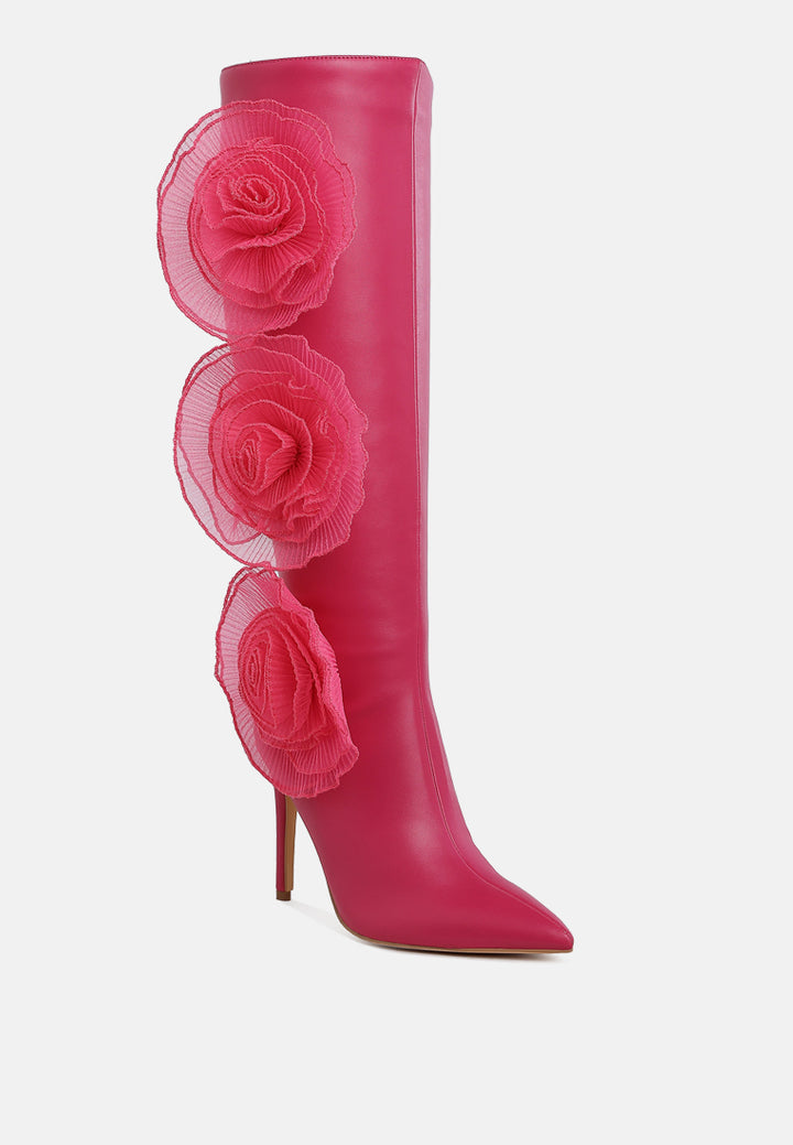 women sheer big rose detail long boots#color_fuchsia