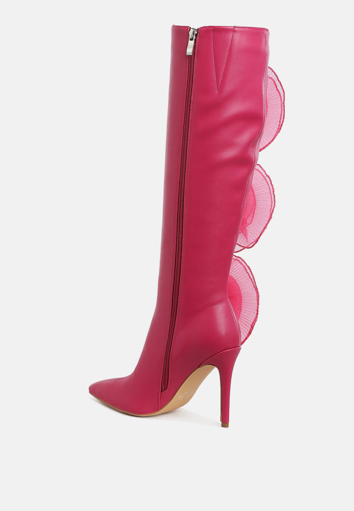 women sheer big rose detail long boots#color_fuchsia