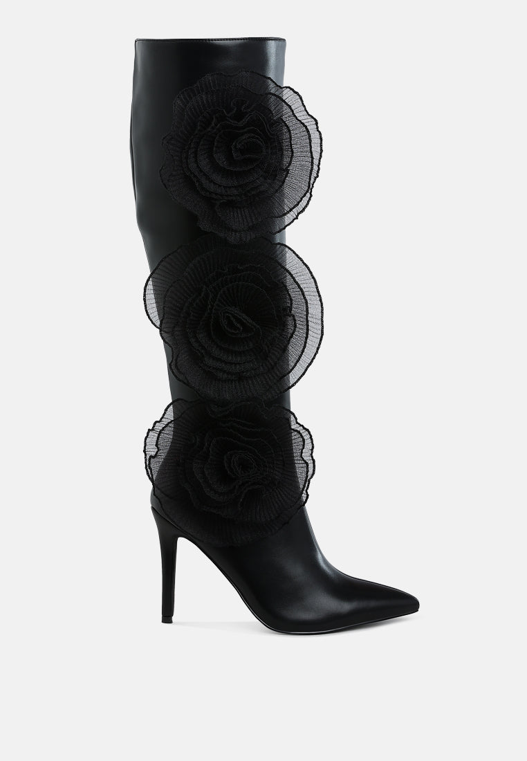 women sheer big rose detail long boots#color_black