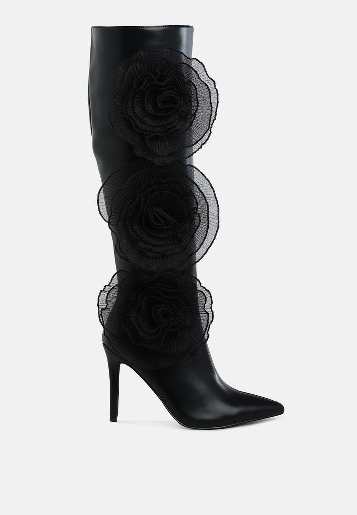 women sheer big rose detail long boots#color_black