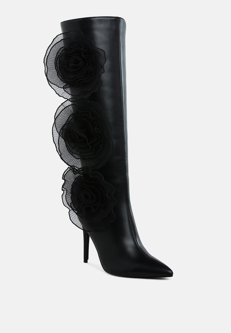 women sheer big rose detail long boots#color_black