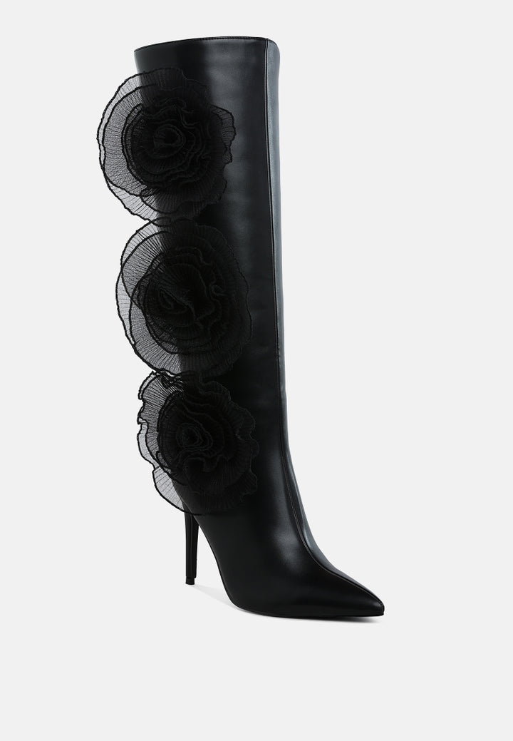 women sheer big rose detail long boots#color_black