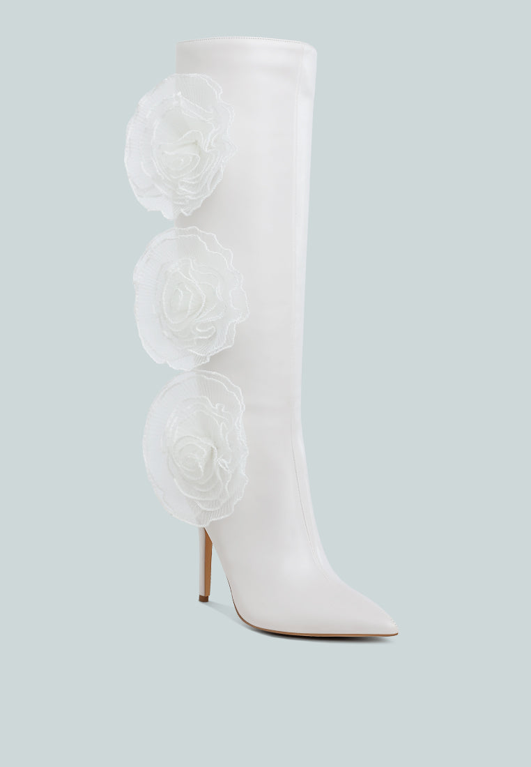 women sheer big rose detail long boots#color_white