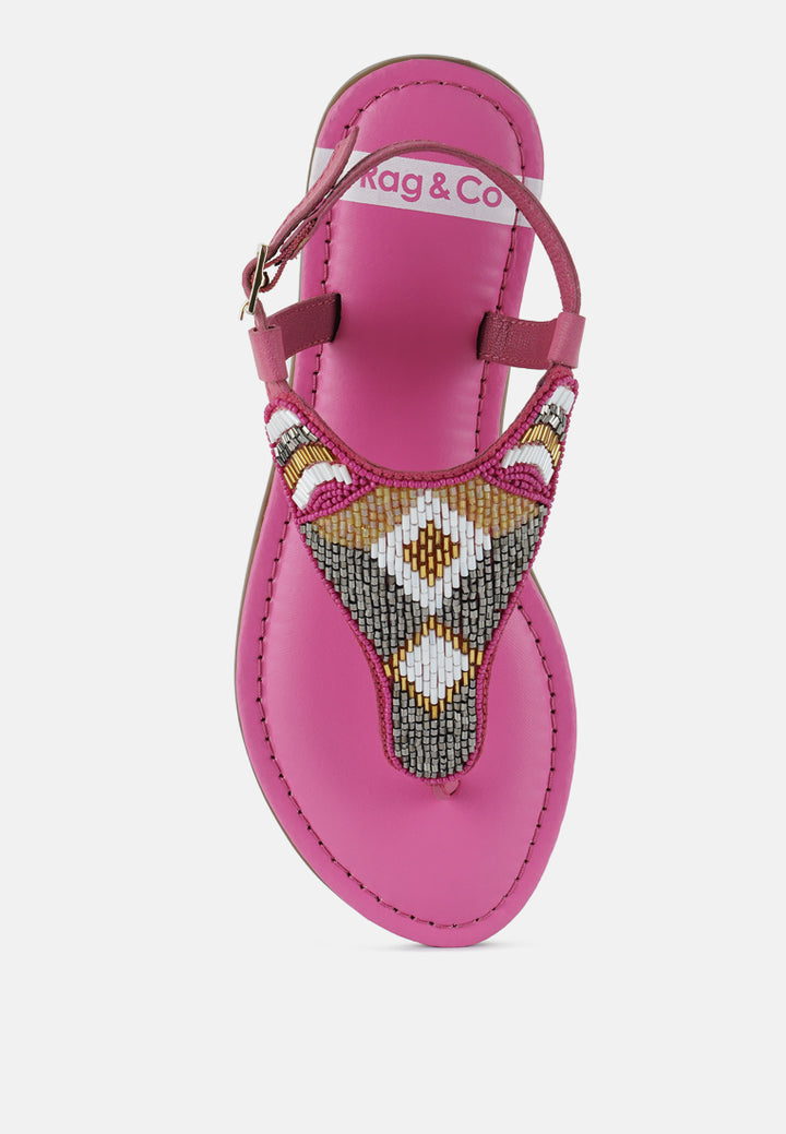 women pin buckle beaded flat sandals#color_fuchsia