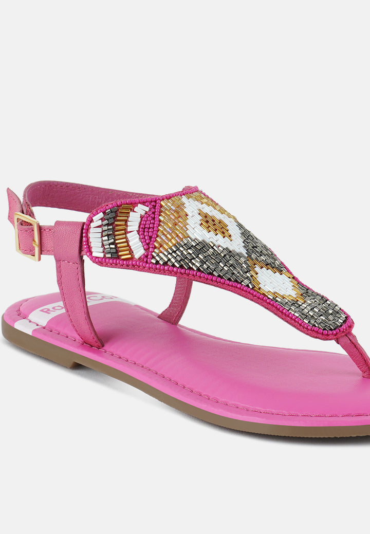 women pin buckle beaded flat sandals#color_fuchsia