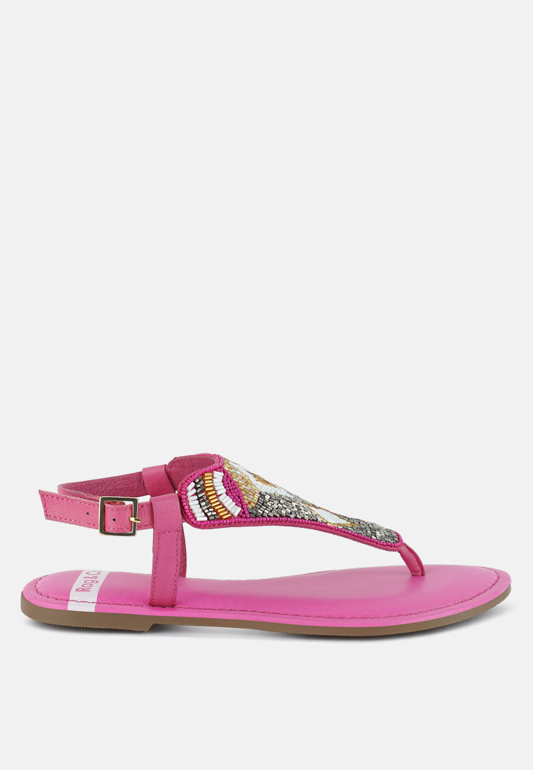women pin buckle beaded flat sandals#color_fuchsia