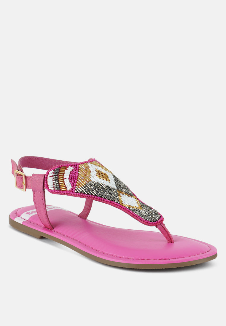 women pin buckle beaded flat sandals#color_fuchsia