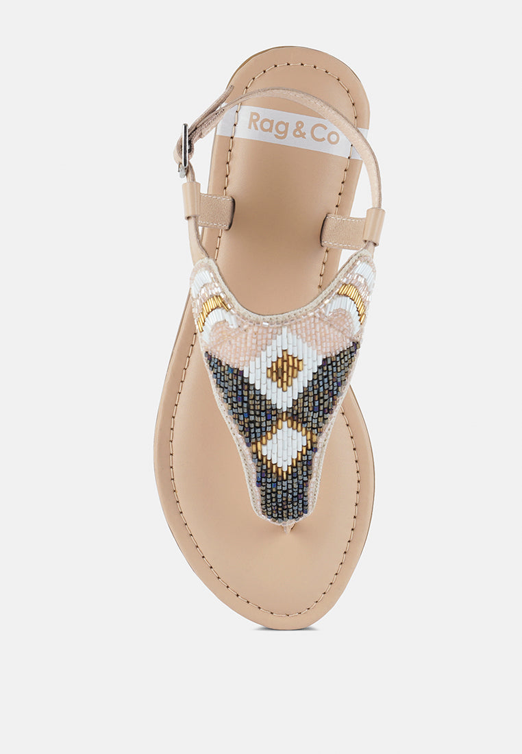 women pin buckle beaded flat sandals#color_beige