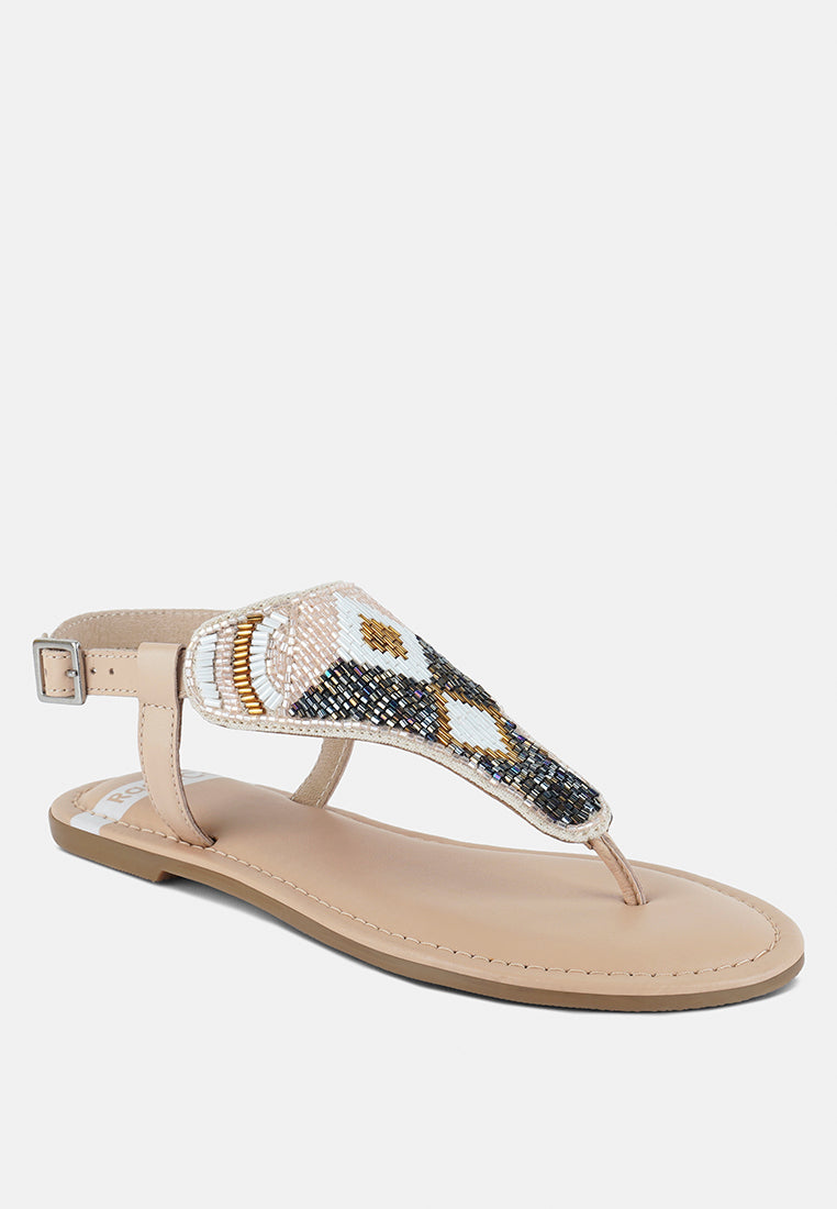 women pin buckle beaded flat sandals#color_beige