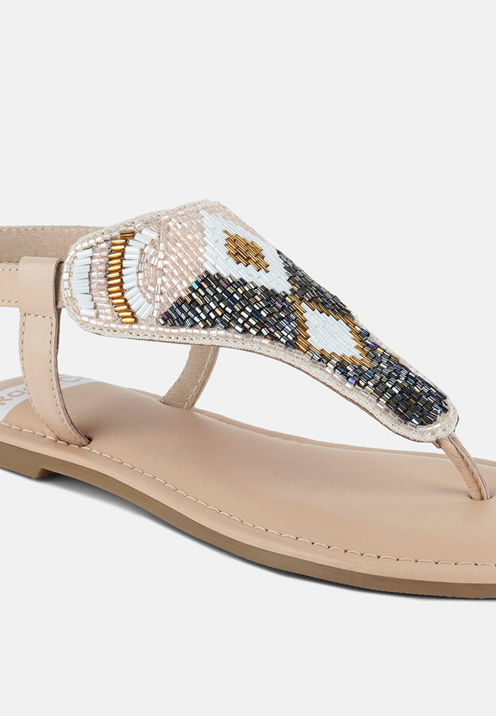 women pin buckle beaded flat sandals#color_beige