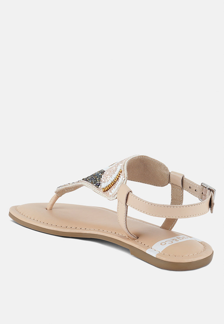 women pin buckle beaded flat sandals#color_beige