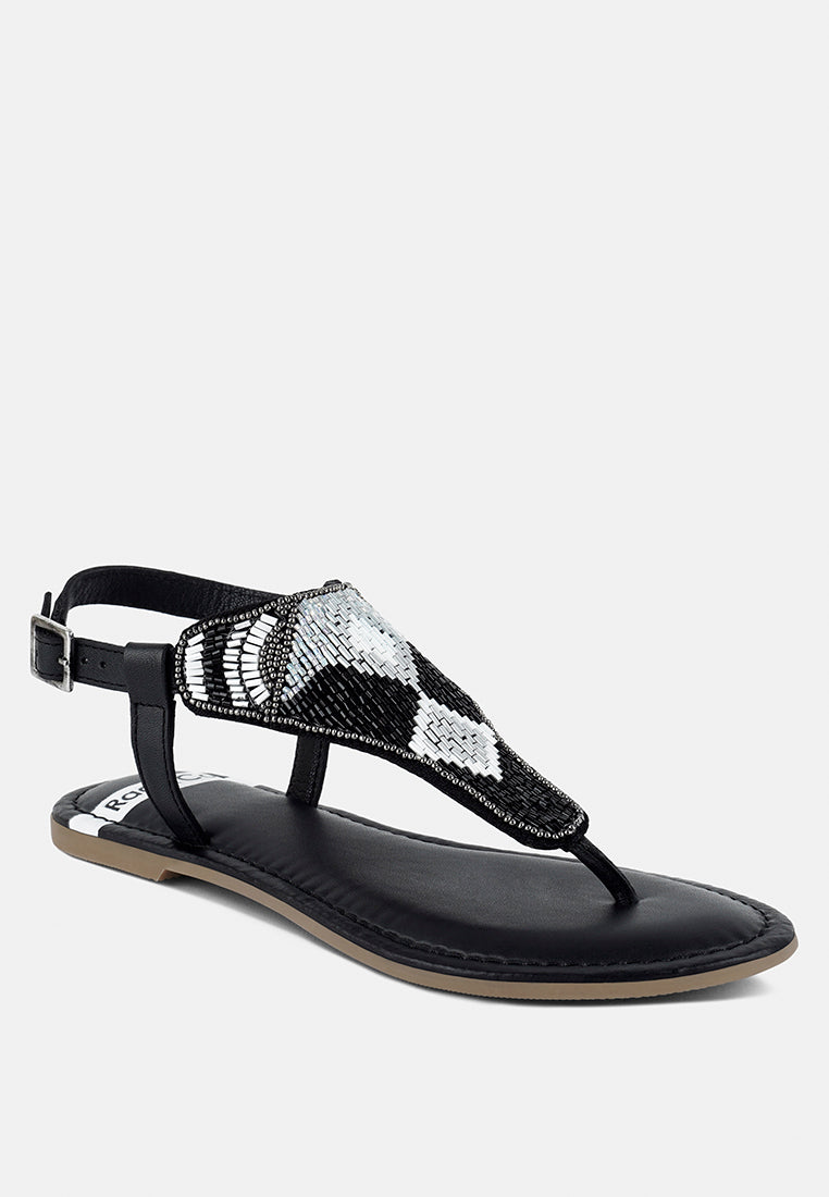 women pin buckle beaded flat sandals#color_black