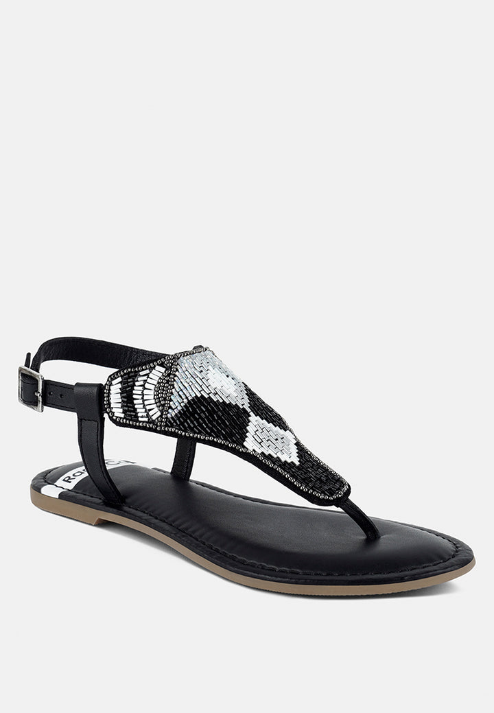women pin buckle beaded flat sandals#color_black