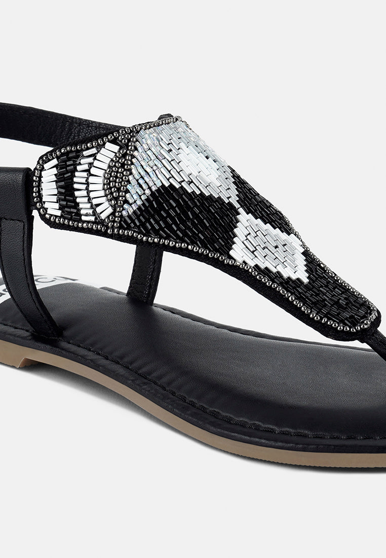 women pin buckle beaded flat sandals#color_black