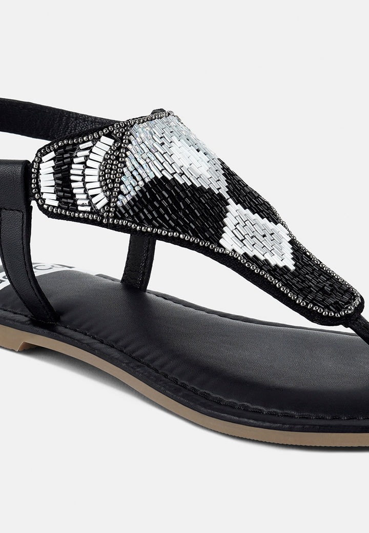 women pin buckle beaded flat sandals#color_black