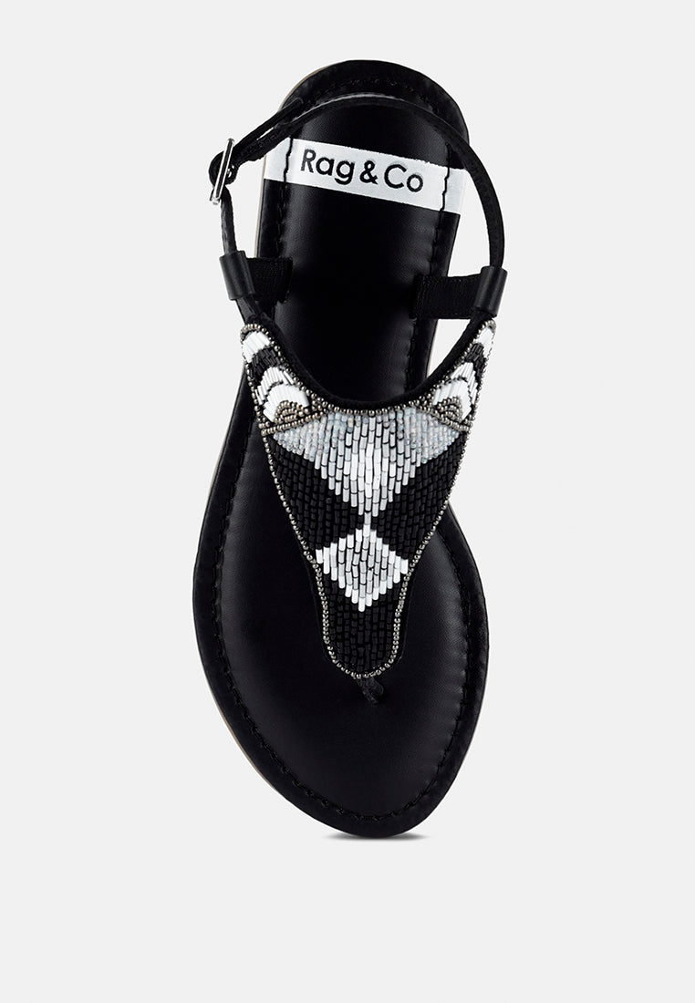 women pin buckle beaded flat sandals#color_black