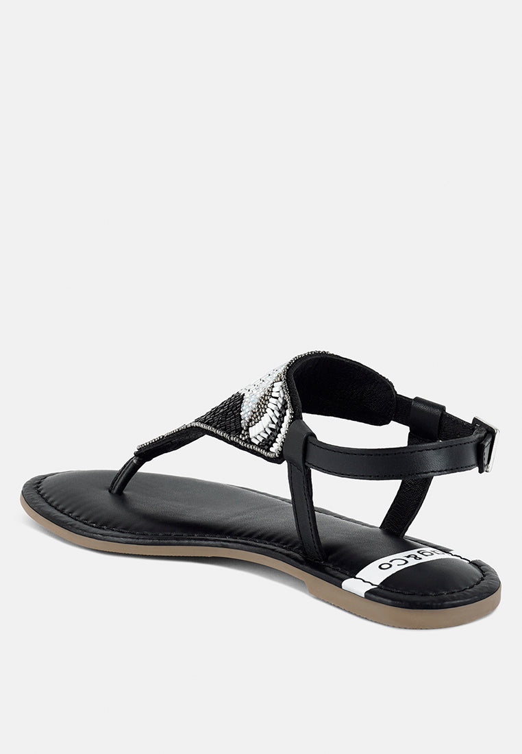 women pin buckle beaded flat sandals#color_black