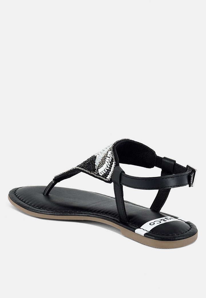 women pin buckle beaded flat sandals#color_black