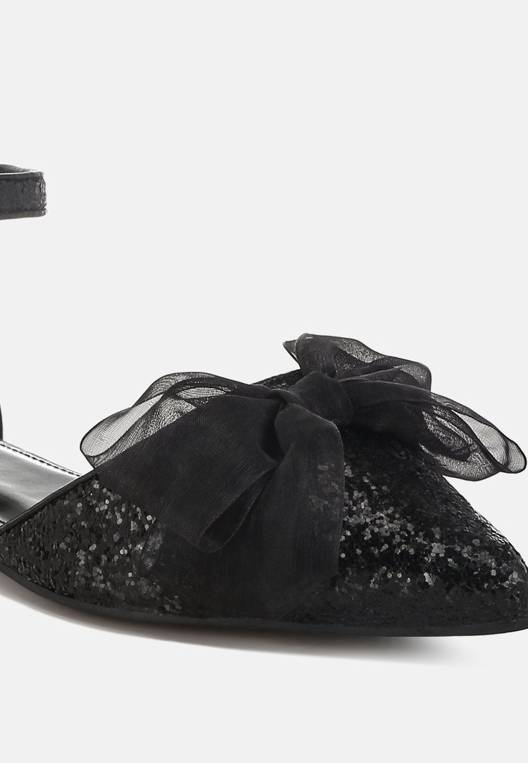 women sheer bow detail glitter flat sandals#color_black