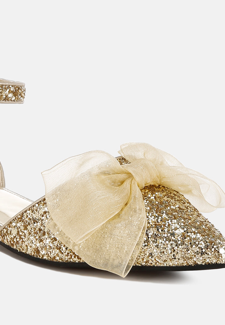 women sheer bow detail glitter flat sandals#color_gold