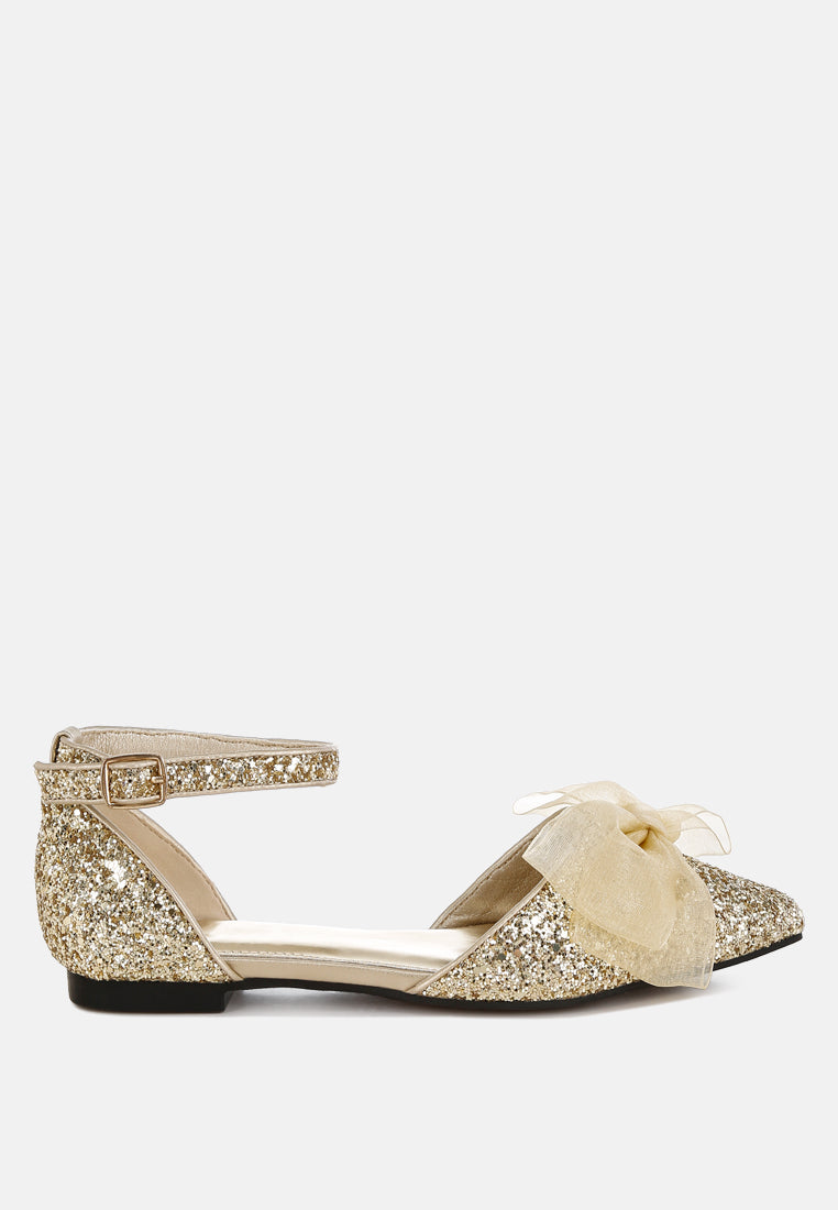 women sheer bow detail glitter flat sandals#color_gold