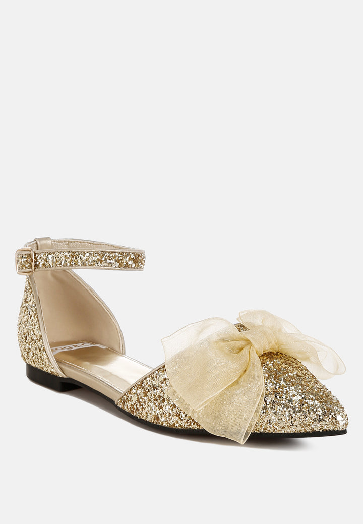 women sheer bow detail glitter flat sandals#color_gold