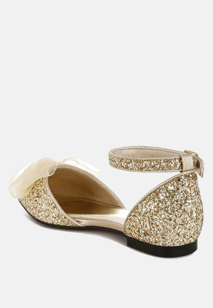 women sheer bow detail glitter flat sandals#color_gold