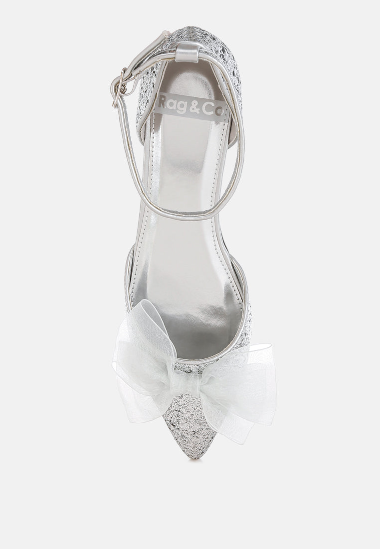 women sheer bow detail glitter flat sandals#color_silver