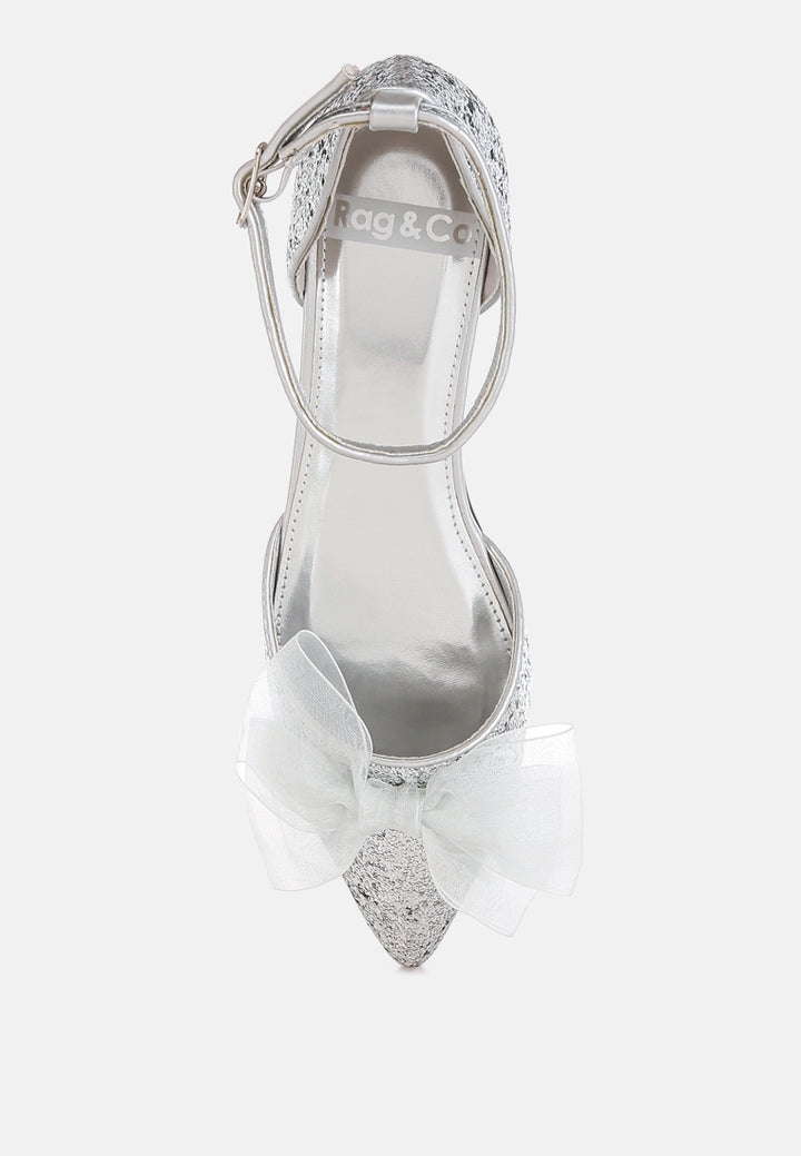 women sheer bow detail glitter flat sandals#color_silver