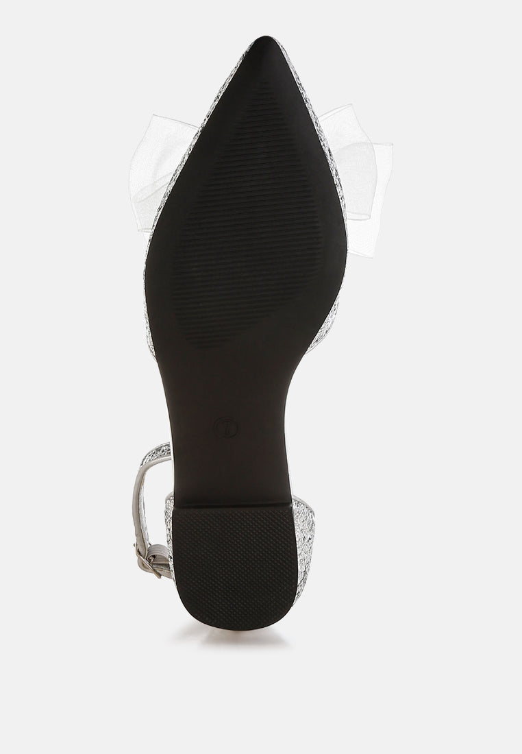 women sheer bow detail glitter flat sandals#color_silver