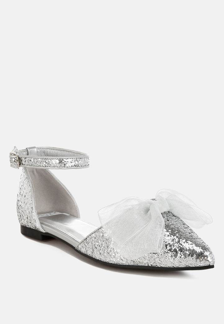 women sheer bow detail glitter flat sandals#color_silver