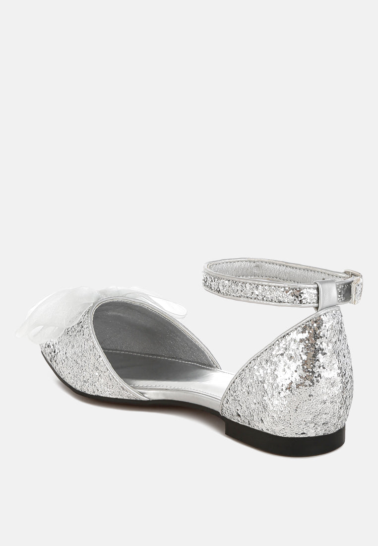 women sheer bow detail glitter flat sandals#color_silver