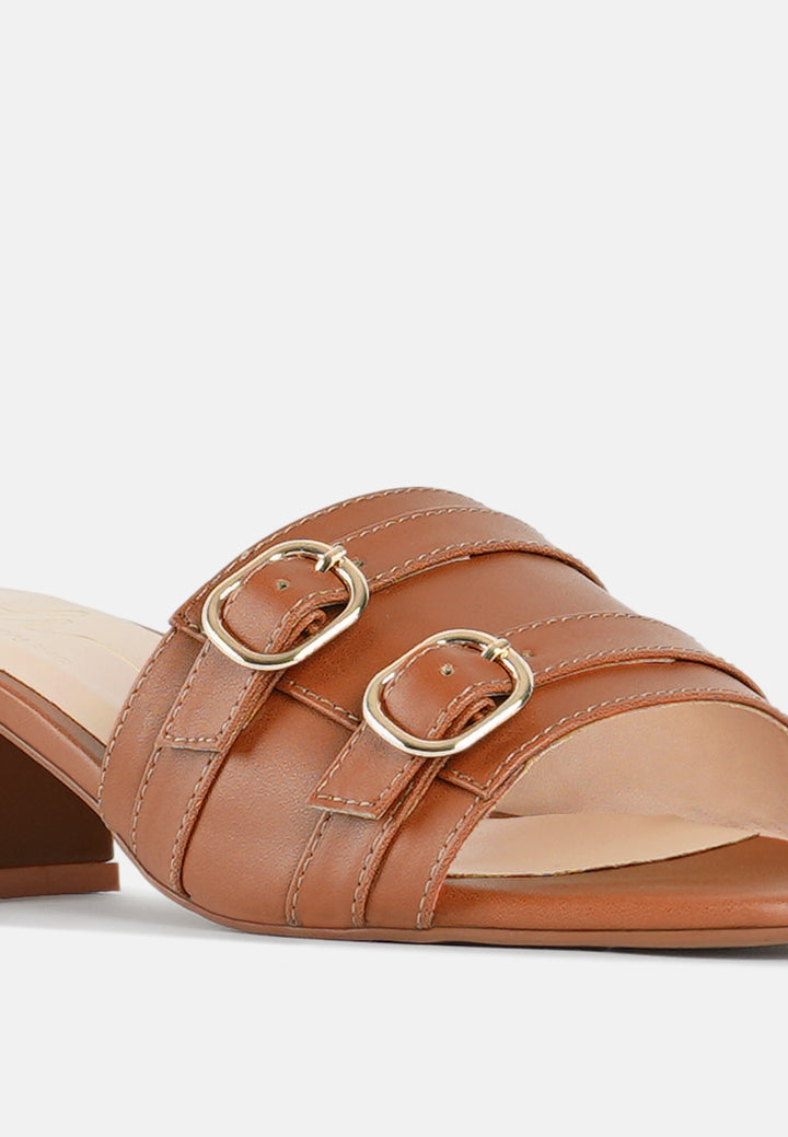 women double buckle strap heels#color_tan