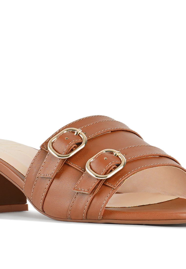 women double buckle strap heels#color_tan