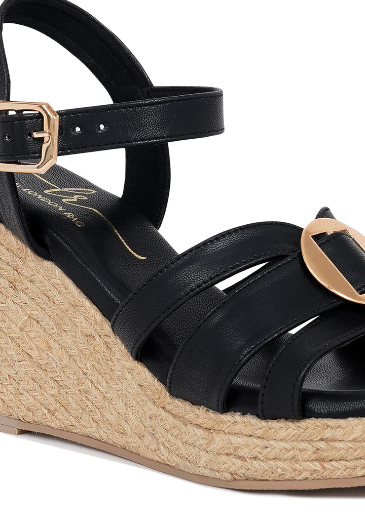 women comfortable pin buckle espadrille wedges#color_black