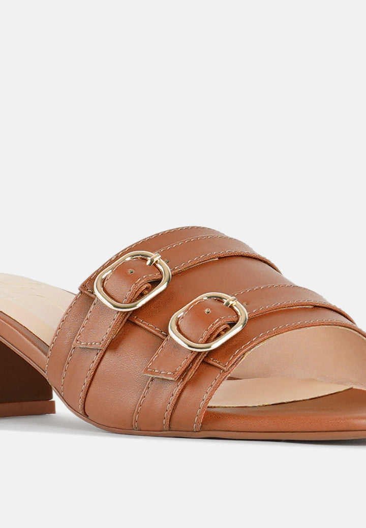 women double buckle strap heels#color_tan