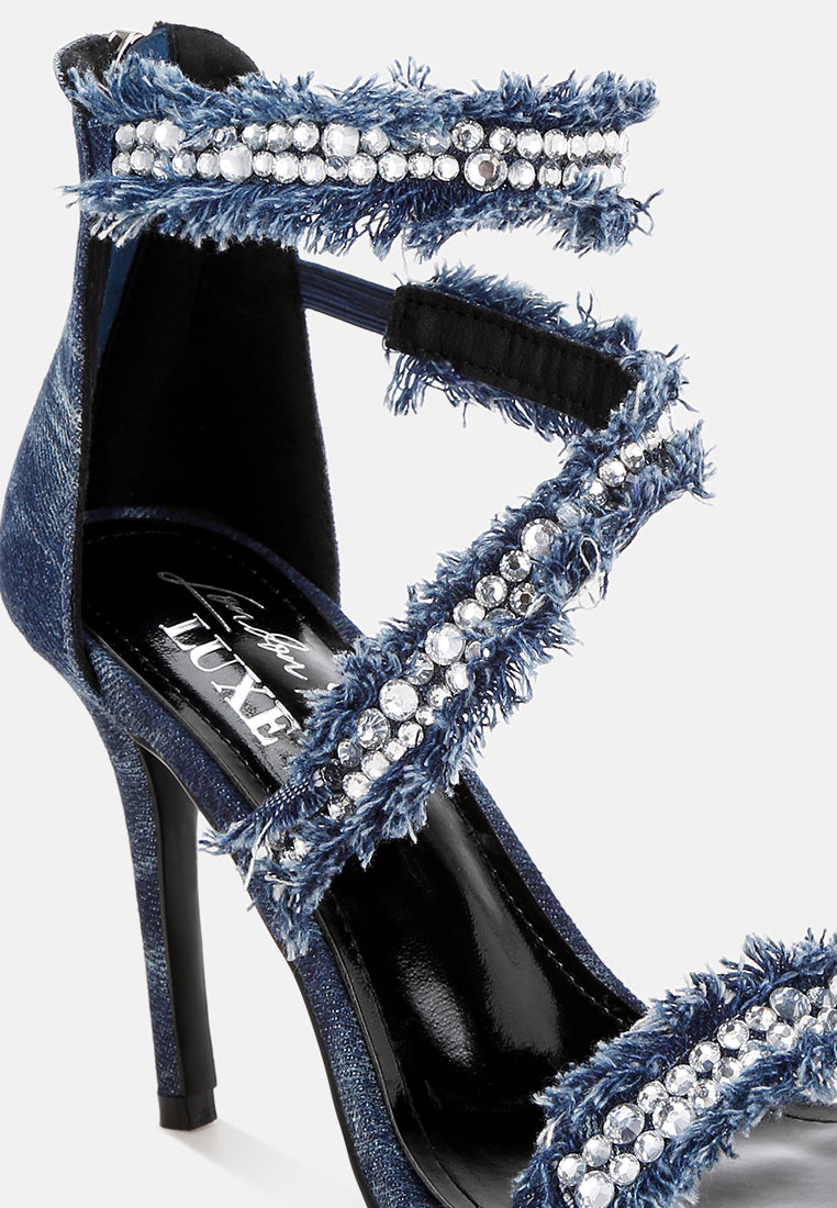 Women Diamante Embellished Denim Stiletto Heels
