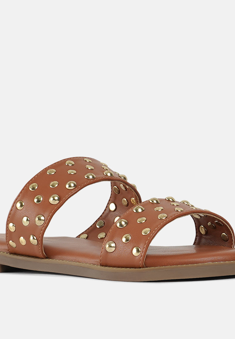 women studded faux leather slip ons#color_tan