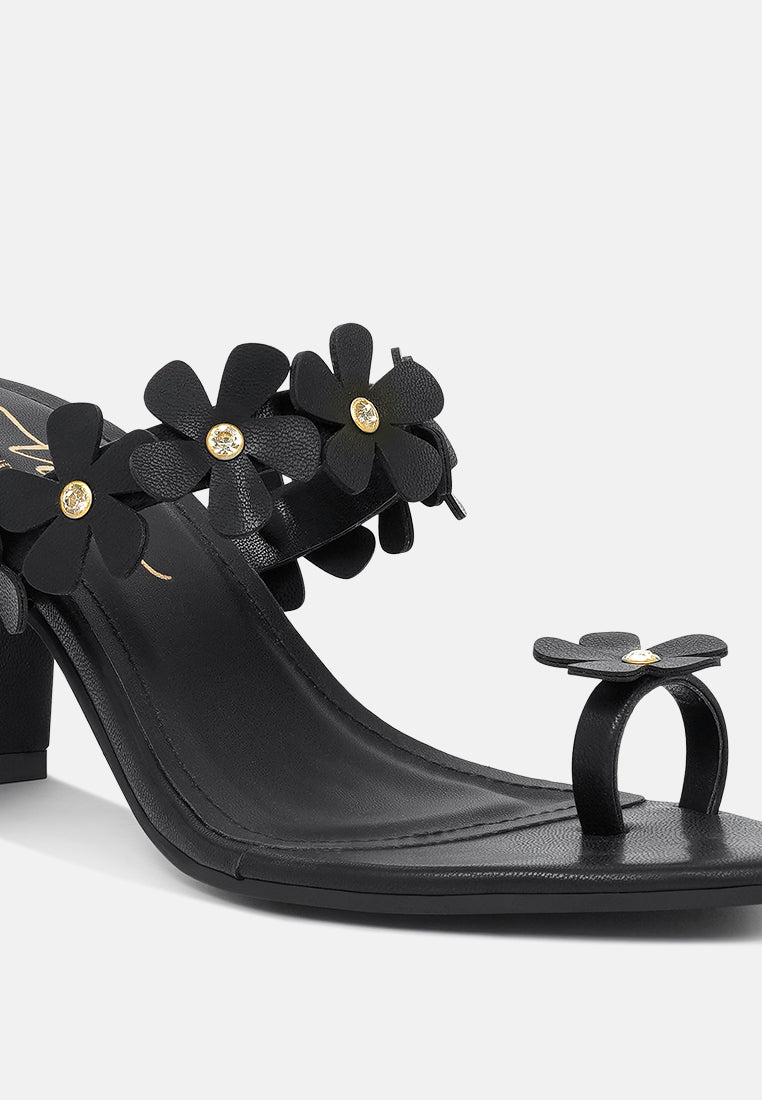 women floral applique slip-on block heels#color_black