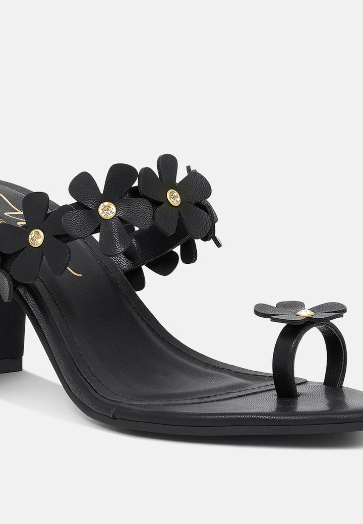 women floral applique slip-on block heels#color_black