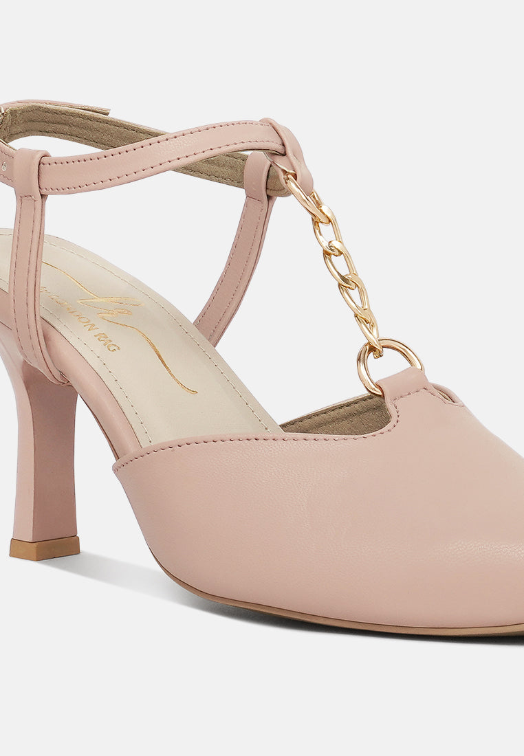 women metallic chain t strap sandals#color_nude