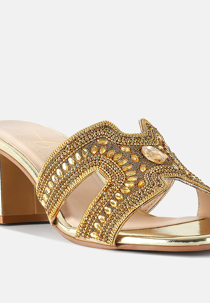 women embellished block heels#color_gold